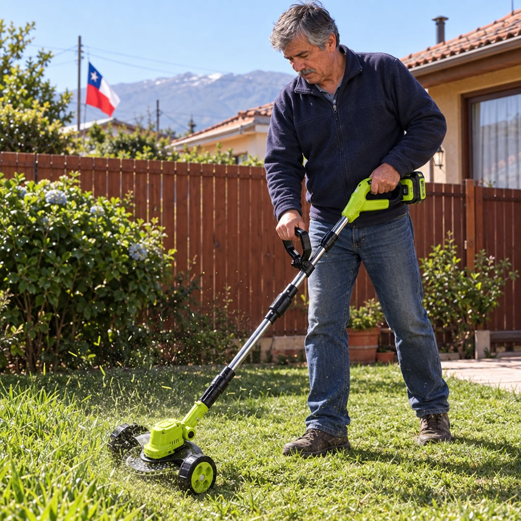 Podadora inalámbrica cortando el pasto en el patio de una casa en Chile