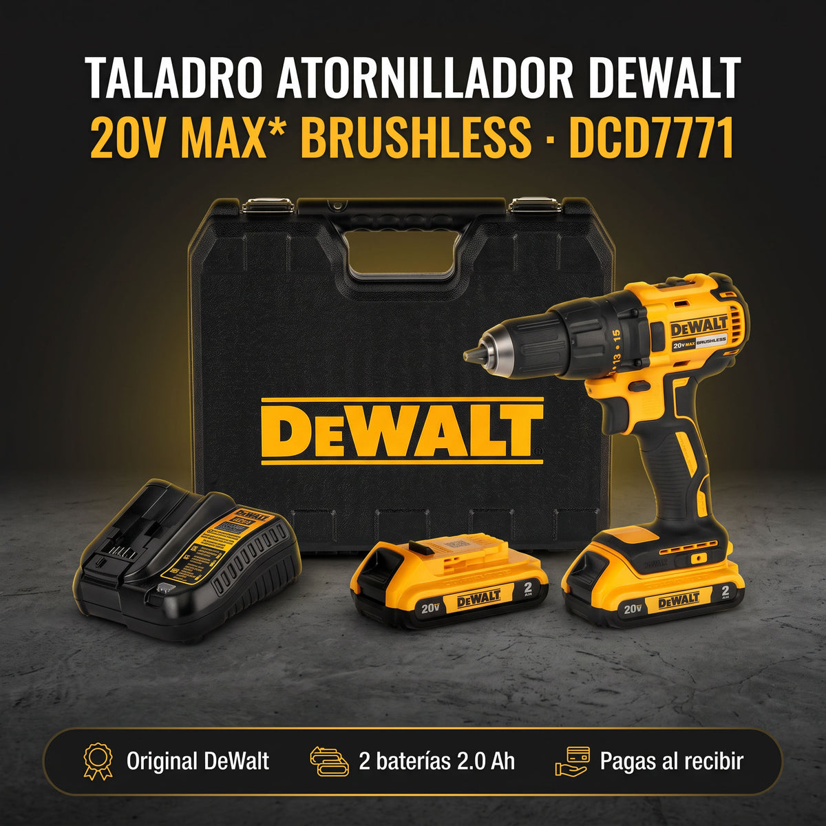 Kit taladro atornillador DeWalt DCD7771 20V MAX brushless con 2 baterías 2.0 Ah, cargador y maletín