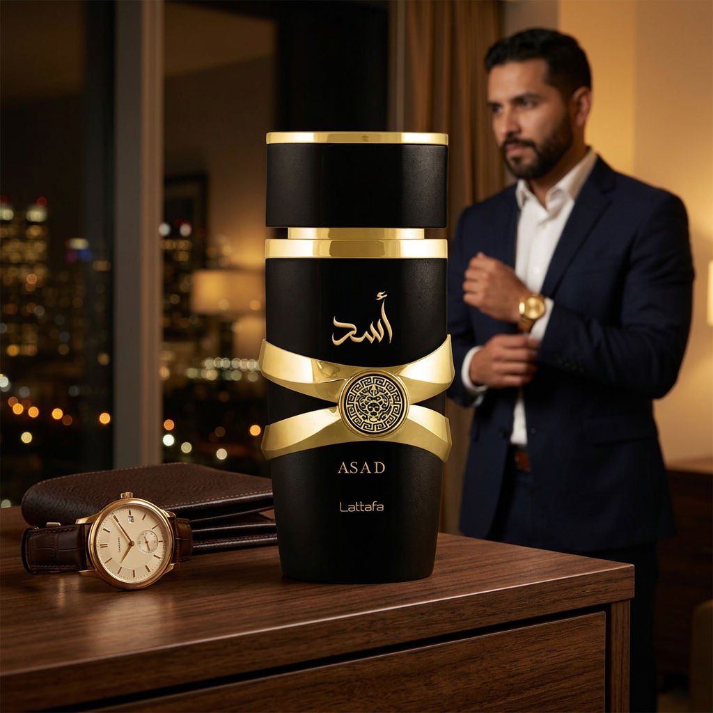 Perfume Lattafa Asad 100 ml sobre la cómoda